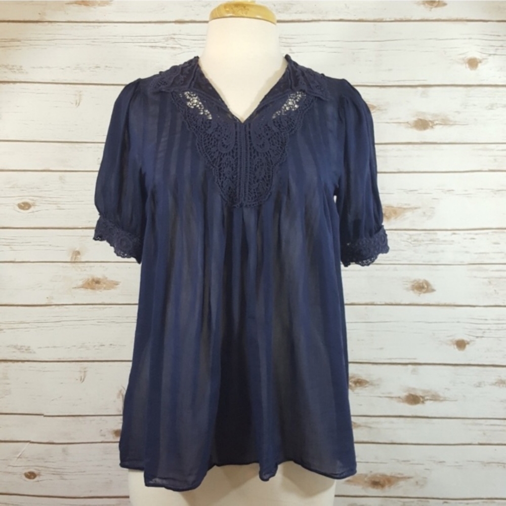 Marc Jacobs | Sheer Navy Silk Lace Pleated Blouse